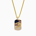 This Mens 14K Gold Ruby, Sapphire & Diamond Eagle Head Pendant features an eagle head and American flag design set with ruby, sapphire, and diamond stones.