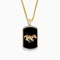 Mens 14K Yellow Gold Onyx and Diamond Horse Pendant featuring a raised gold horse on a rectangular onyx and bordered by small white diamonds.