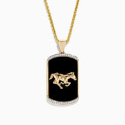 Mens 14K Yellow Gold Onyx and Diamond Horse Pendant featuring a raised gold horse on a rectangular onyx and bordered by small white diamonds.