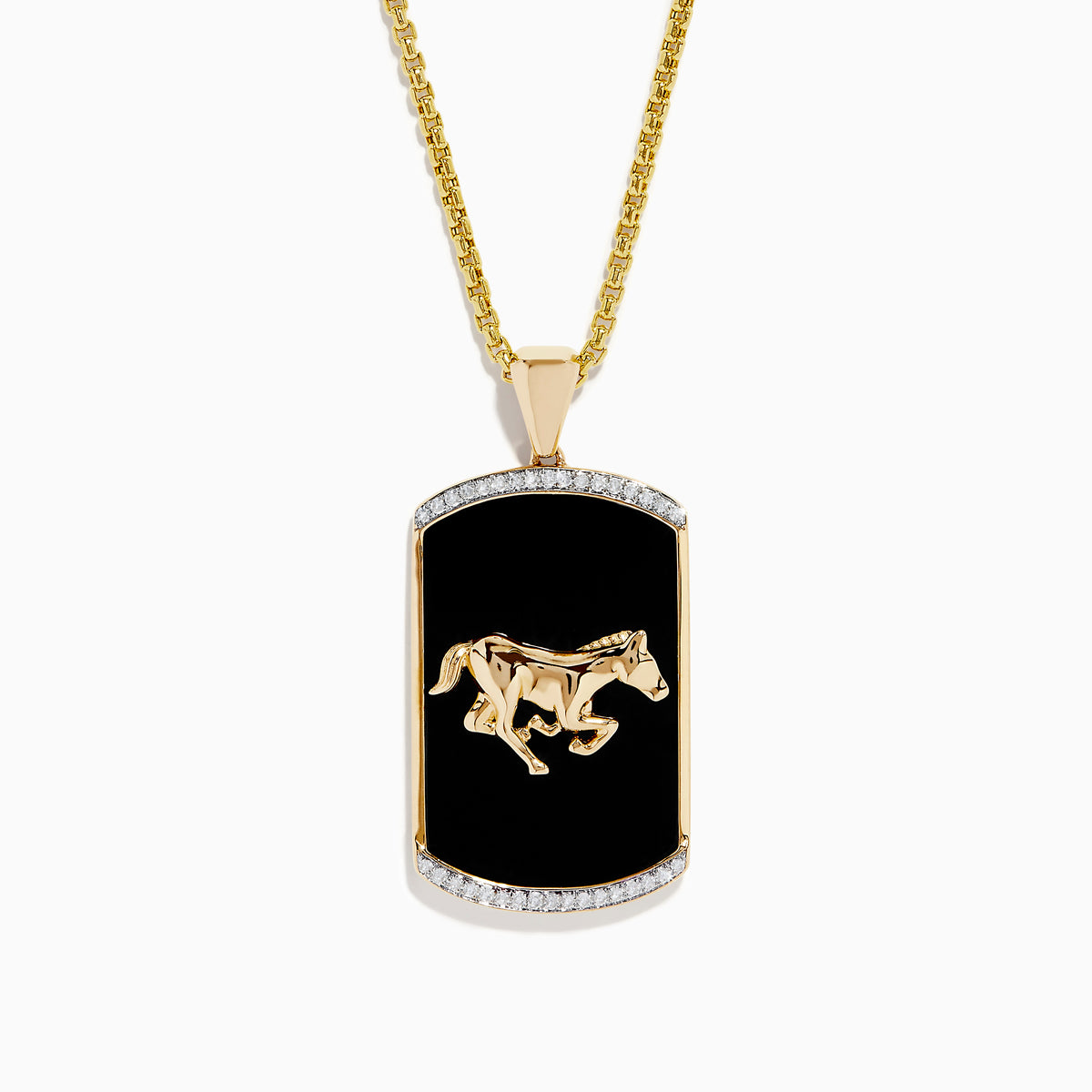 Mens 14K Yellow Gold Onyx and Diamond Horse Pendant featuring a raised gold horse on a rectangular onyx and bordered by small white diamonds.