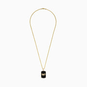 The Mens 14K Yellow Gold Onyx and Diamond Horse Pendant features a rectangular onyx set in yellow gold with a diamond horse design, shown on a plain white background.
