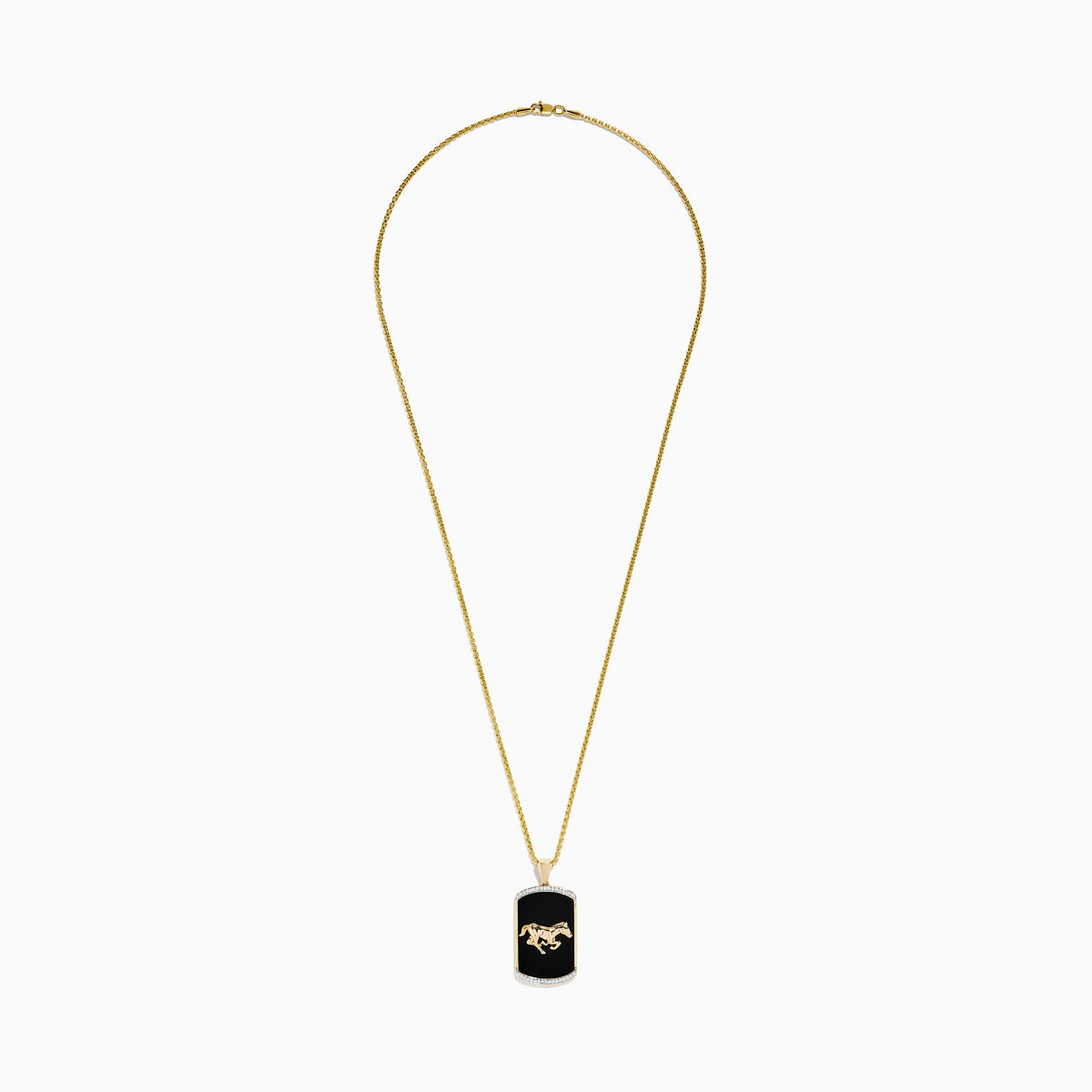 The Mens 14K Yellow Gold Onyx and Diamond Horse Pendant features a rectangular onyx set in yellow gold with a diamond horse design, shown on a plain white background.