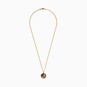 Men's 14K Yellow Gold Onyx and Diamond Dragon Pendant features a raised gold dragon on black onyx, bordered with sparkling diamonds.