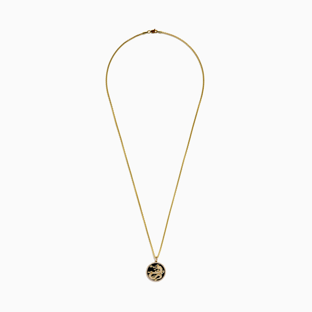 Men's 14K Yellow Gold Onyx and Diamond Dragon Pendant features a raised gold dragon on black onyx, bordered with sparkling diamonds.