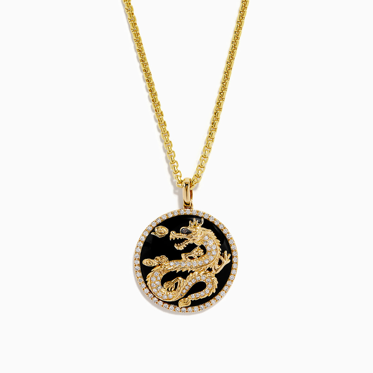 Men's 14K Yellow Gold Onyx and Diamond Dragon Pendant features a raised gold dragon on black onyx, bordered with sparkling diamonds.