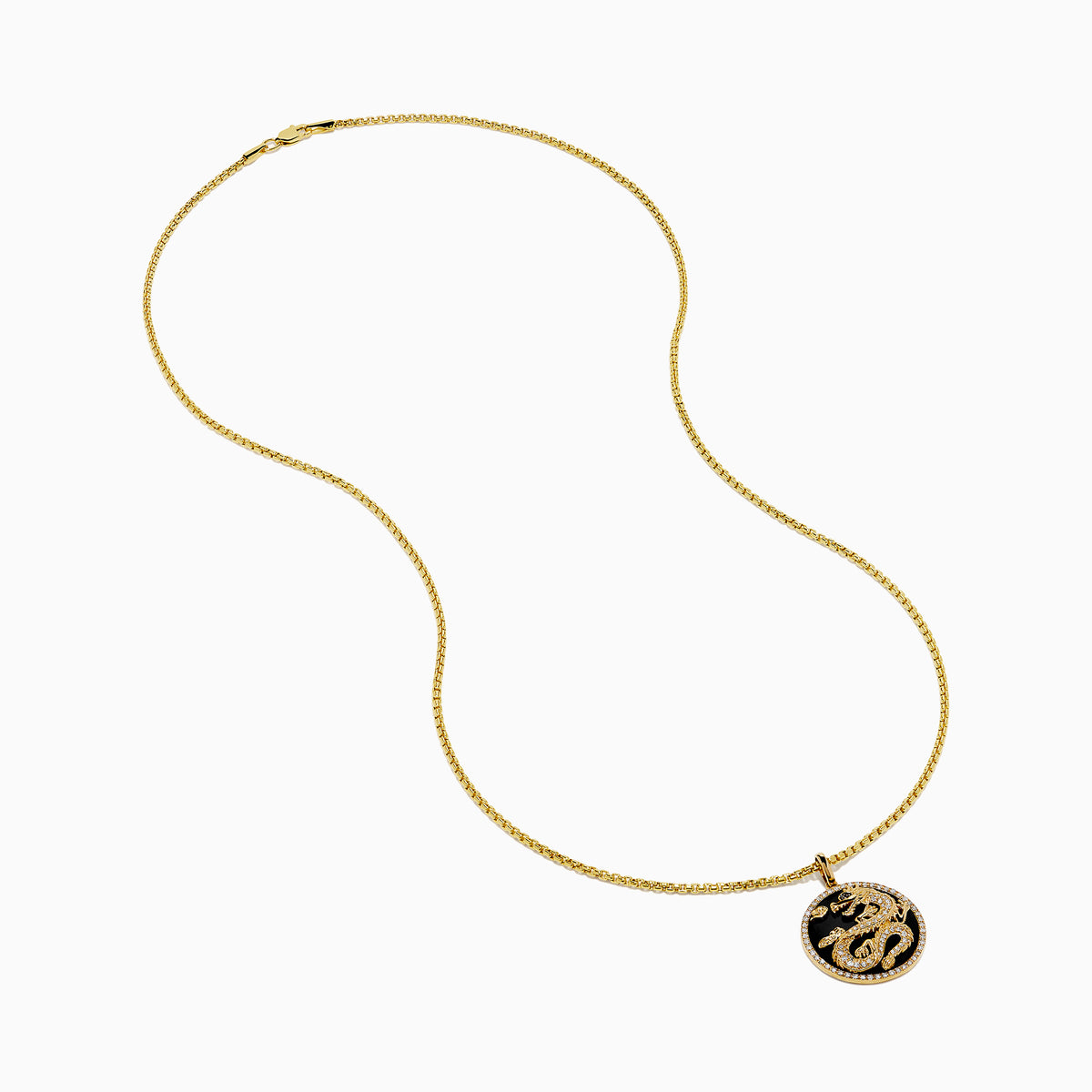 Men's 14K Yellow Gold Onyx and Diamond Dragon Pendant features a raised gold dragon on black onyx, bordered with sparkling diamonds.