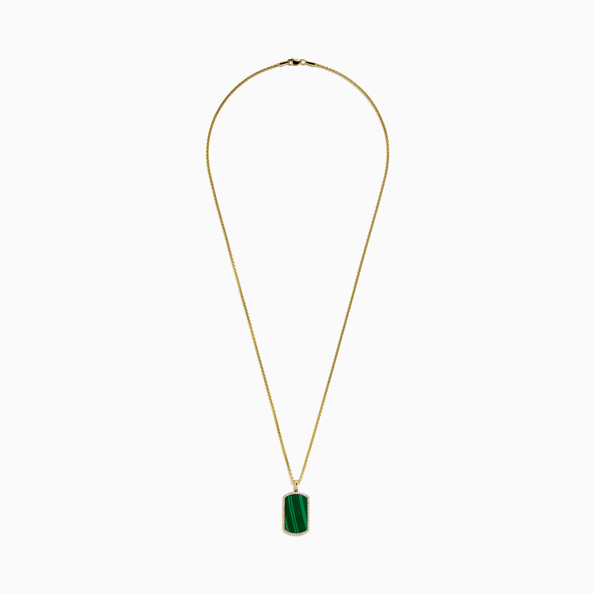 The Men's 14K Yellow Malachite and Diamond Dog Tag Pendant features a rectangular green malachite center bordered by diamonds, hanging from a gold chain—an elegant accessory with timeless appeal.
