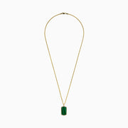 The Men's 14K Yellow Malachite and Diamond Dog Tag Pendant features a rectangular green malachite center bordered by diamonds, hanging from a gold chain—an elegant accessory with timeless appeal.