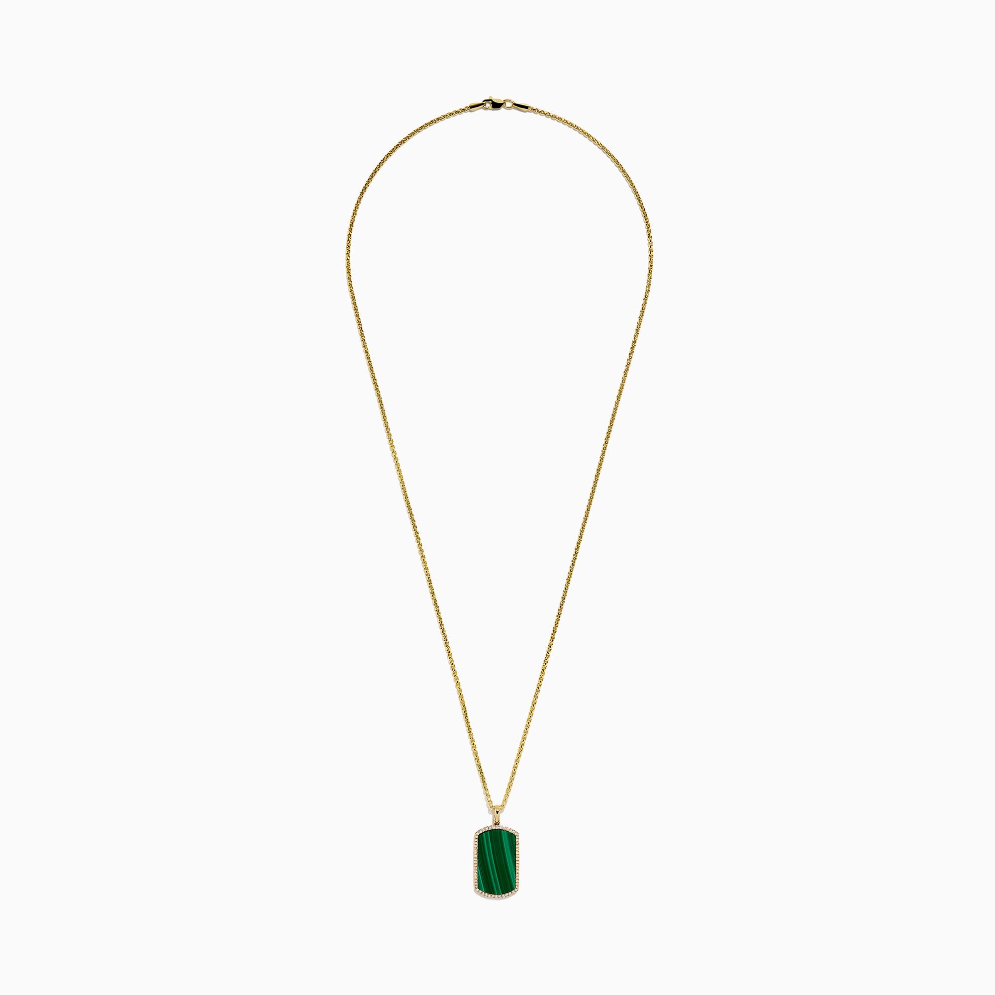 The Men's 14K Yellow Malachite and Diamond Dog Tag Pendant features a rectangular green malachite center bordered by diamonds, hanging from a gold chain—an elegant accessory with timeless appeal.