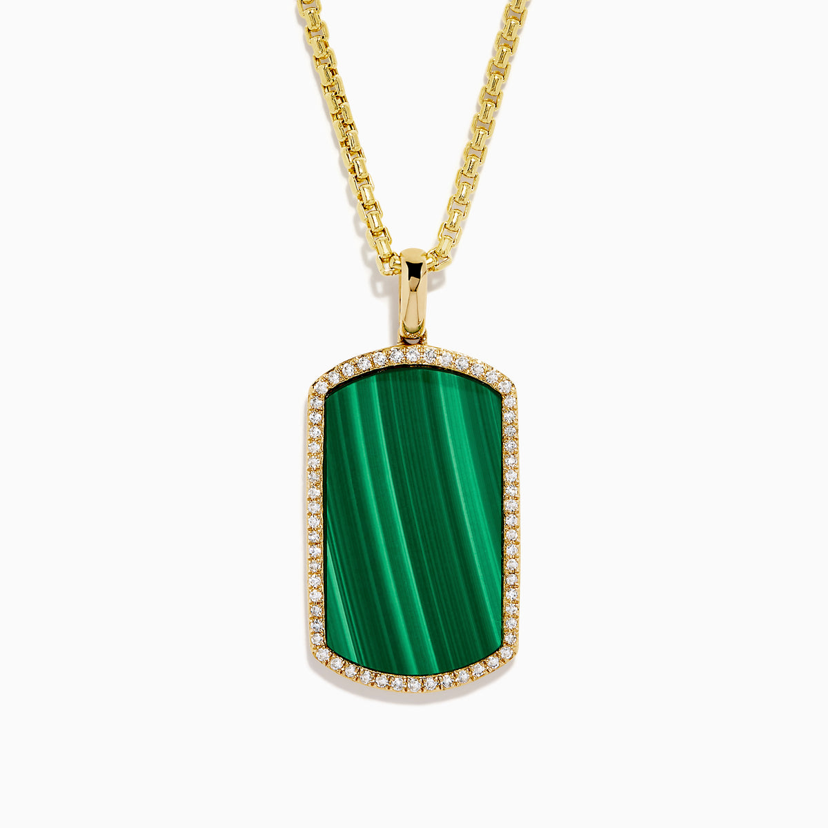 The Men's 14K Yellow Malachite and Diamond Dog Tag Pendant features a rectangular green malachite center bordered by diamonds, hanging from a gold chain—an elegant accessory with timeless appeal.