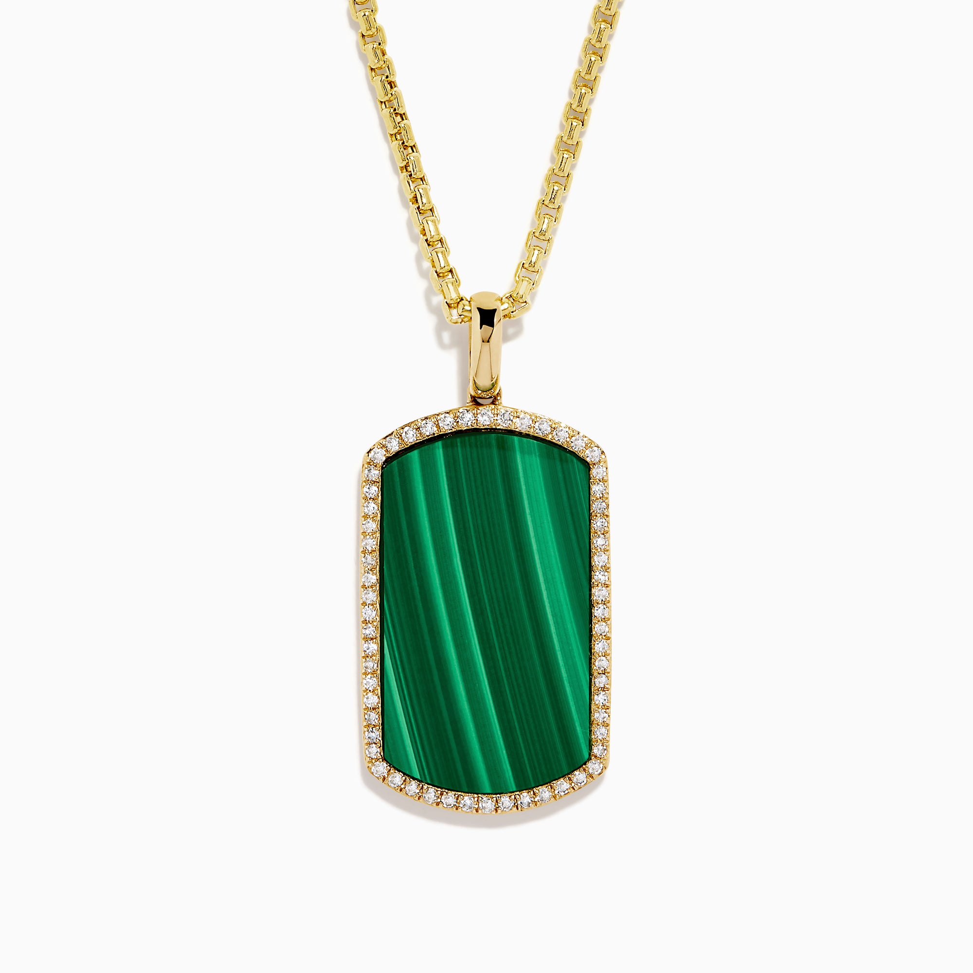 The Men's 14K Yellow Malachite and Diamond Dog Tag Pendant features a rectangular green malachite center bordered by diamonds, hanging from a gold chain—an elegant accessory with timeless appeal.