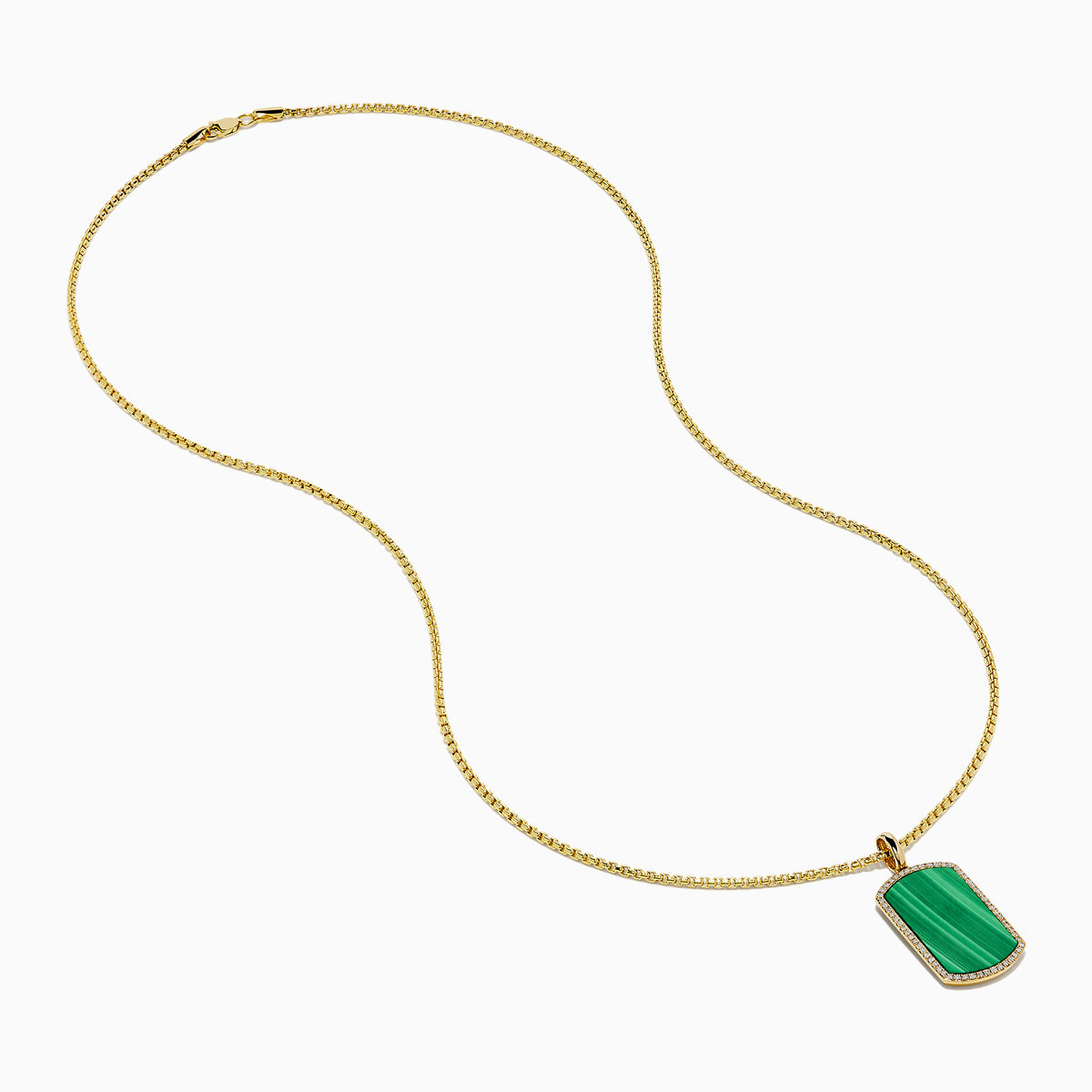The Men's 14K Yellow Malachite and Diamond Dog Tag Pendant features a rectangular green malachite center bordered by diamonds, hanging from a gold chain—an elegant accessory with timeless appeal.