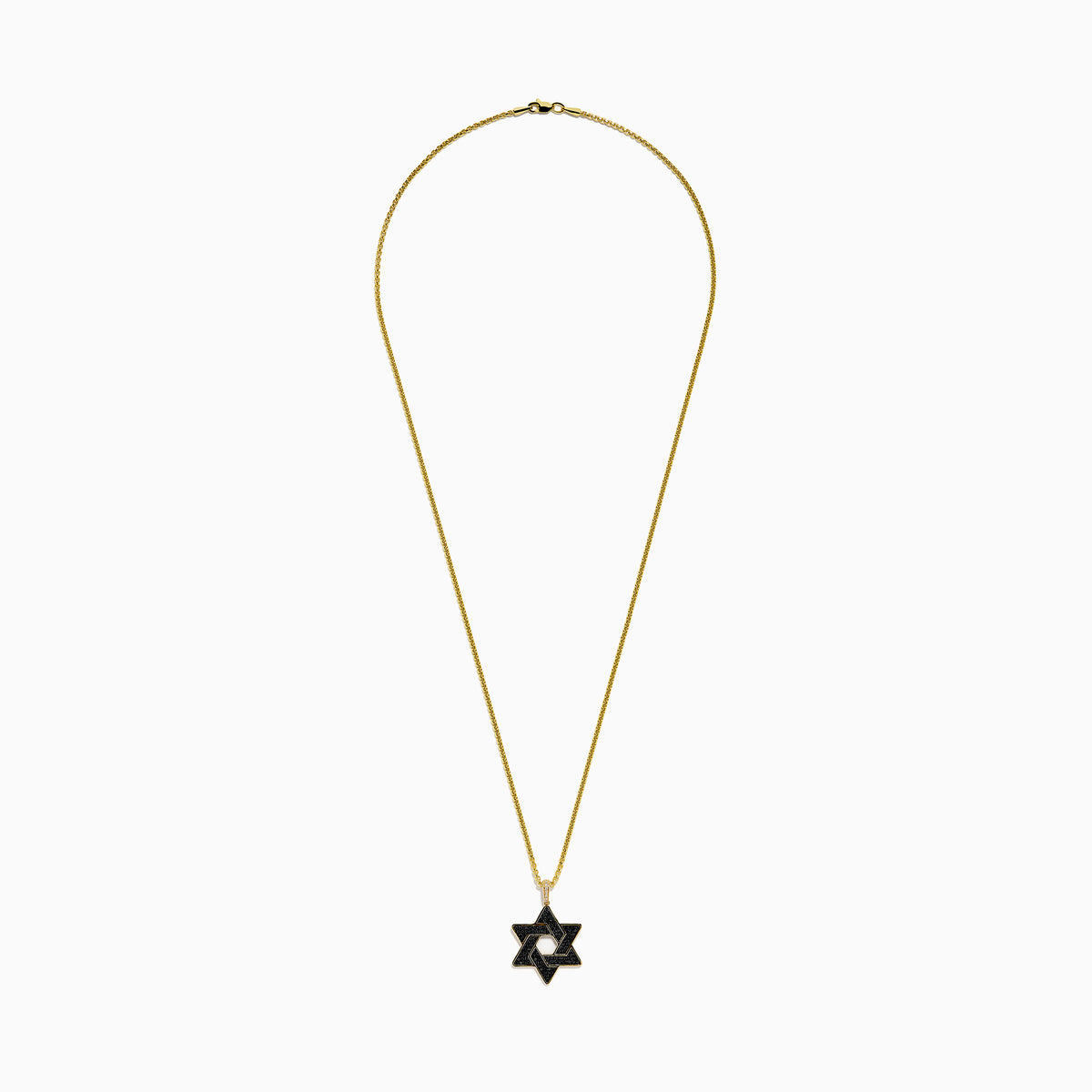 The Novelty 14K Yellow Gold Black and White Diamond Star of David Pendant features a yellow gold chain and pendant with diamond accents, displayed against a white background.