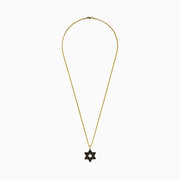 The Novelty 14K Yellow Gold Black and White Diamond Star of David Pendant features a yellow gold chain and pendant with diamond accents, displayed against a white background.
