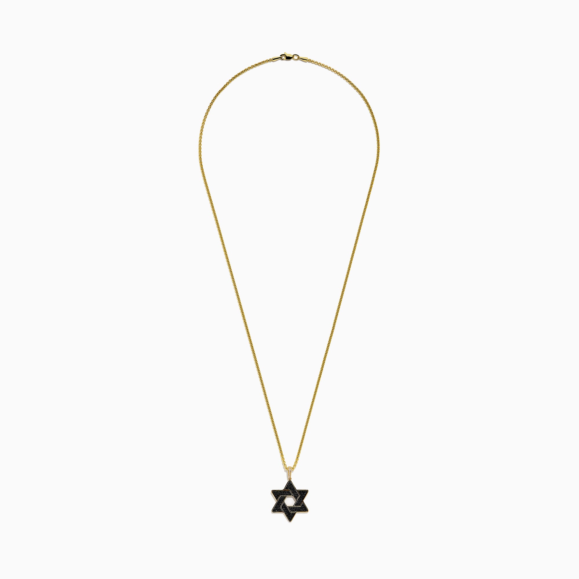The Novelty 14K Yellow Gold Black and White Diamond Star of David Pendant features a yellow gold chain and pendant with diamond accents, displayed against a white background.