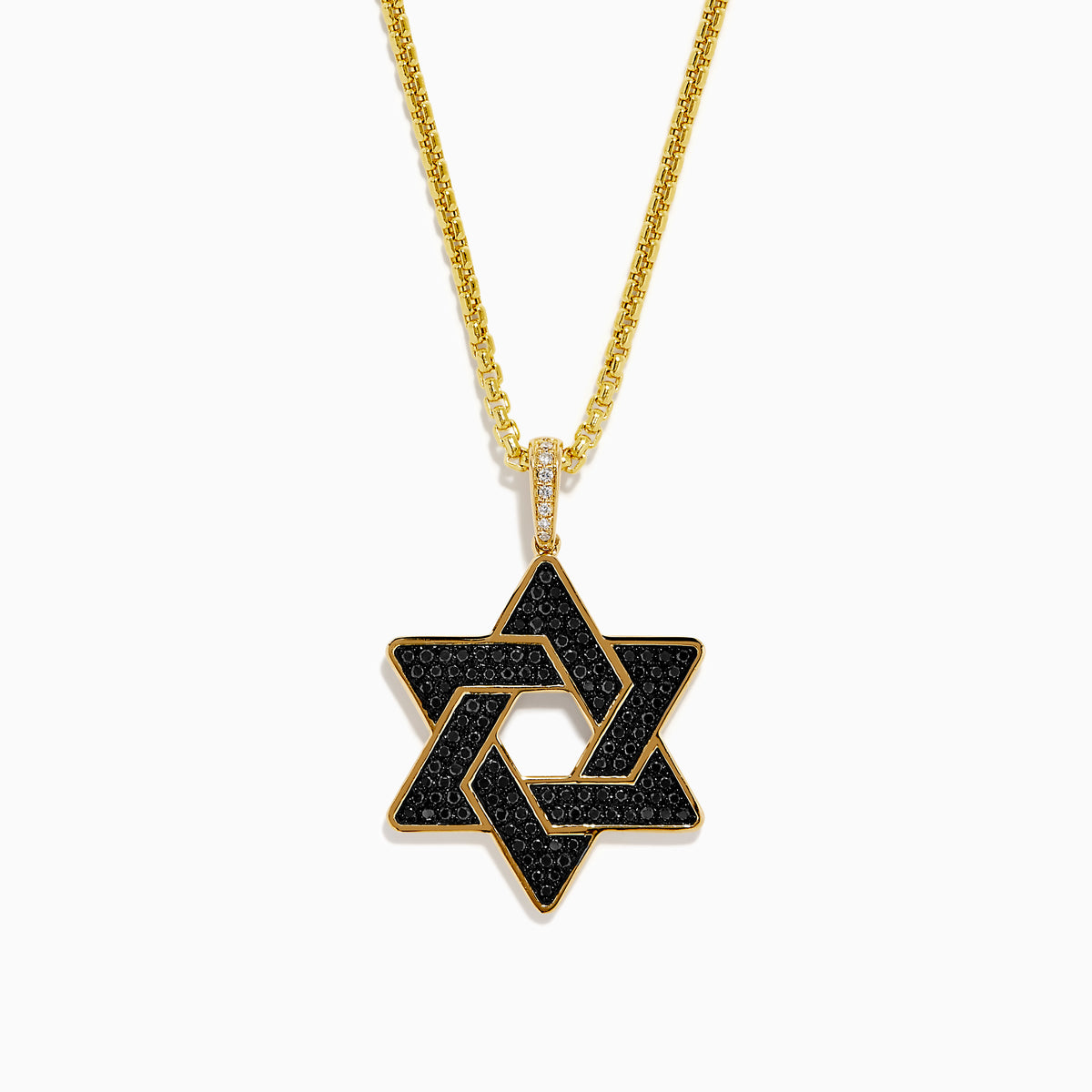 The Novelty 14K Yellow Gold Black and White Diamond Star of David Pendant features a yellow gold chain and pendant with diamond accents, displayed against a white background.