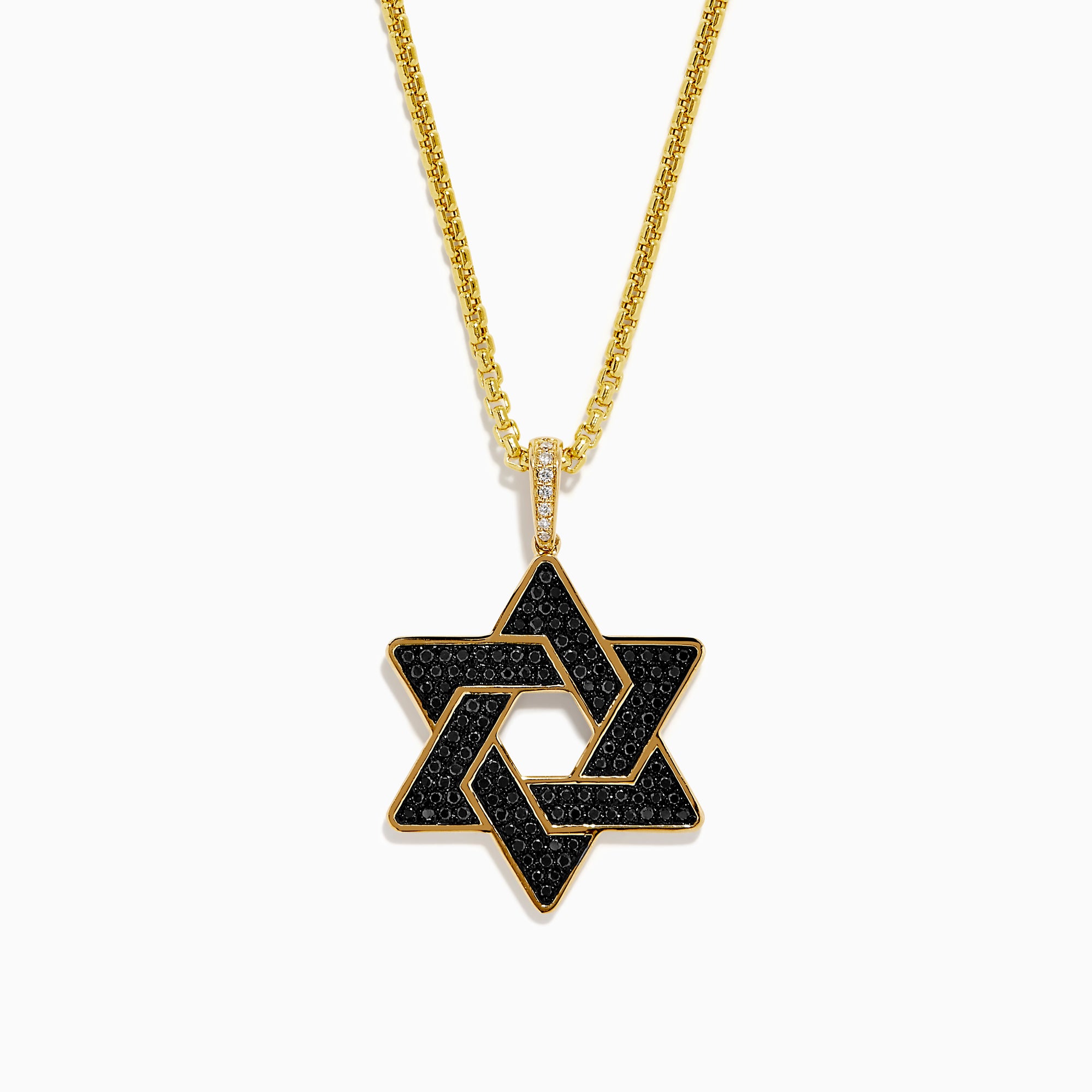 The Novelty 14K Yellow Gold Black and White Diamond Star of David Pendant features a yellow gold chain and pendant with diamond accents, displayed against a white background.