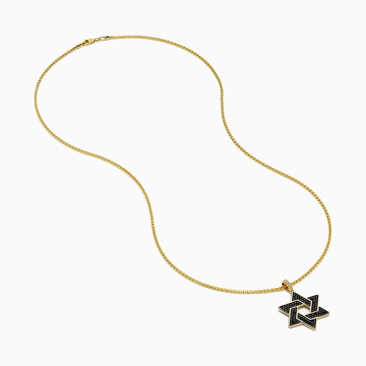 The Novelty 14K Yellow Gold Black and White Diamond Star of David Pendant features a yellow gold chain and pendant with diamond accents, displayed against a white background.