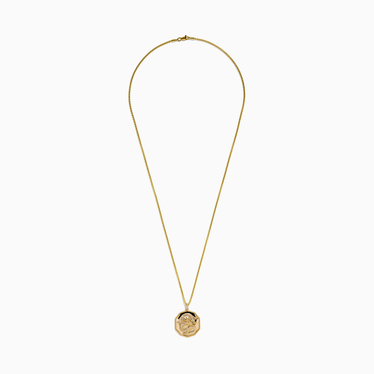 The Men's 14K Yellow Gold Diamond Dragon Pendant showcases an octagonal design with textured details, clear stones, and a vivid green stone eye, all suspended from a classic gold chain.