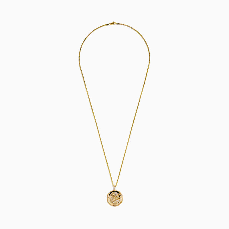 The Men's 14K Yellow Gold Diamond Dragon Pendant showcases an octagonal design with textured details, clear stones, and a vivid green stone eye, all suspended from a classic gold chain.