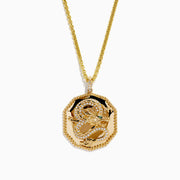 The Men's 14K Yellow Gold Diamond Dragon Pendant showcases an octagonal design with textured details, clear stones, and a vivid green stone eye, all suspended from a classic gold chain.
