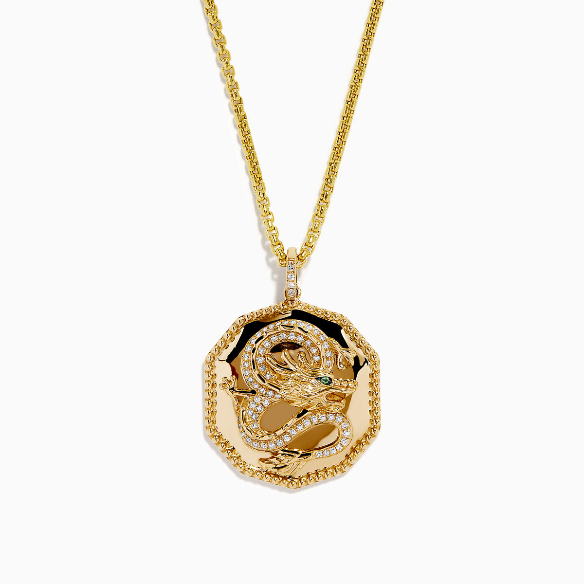 The Men's 14K Yellow Gold Diamond Dragon Pendant showcases an octagonal design with textured details, clear stones, and a vivid green stone eye, all suspended from a classic gold chain.