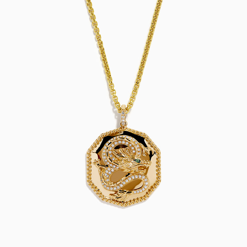 The Men's 14K Yellow Gold Diamond Dragon Pendant showcases an octagonal design with textured details, clear stones, and a vivid green stone eye, all suspended from a classic gold chain.