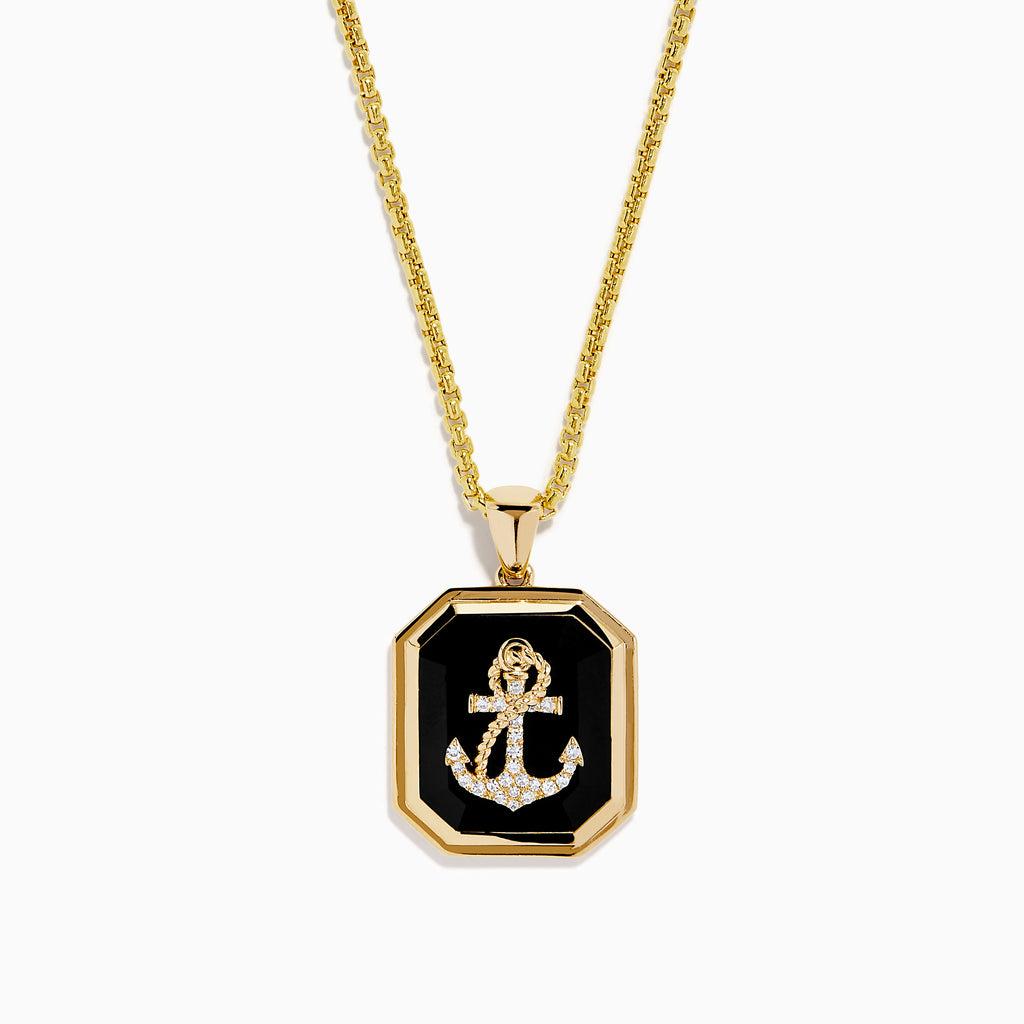 The Men's 14K Yellow Gold Onyx and Diamond Anchor Pendant features a rectangular onyx with a gold and diamond anchor in the center, beveled edges, and a medium-thickness 14K yellow gold chain.