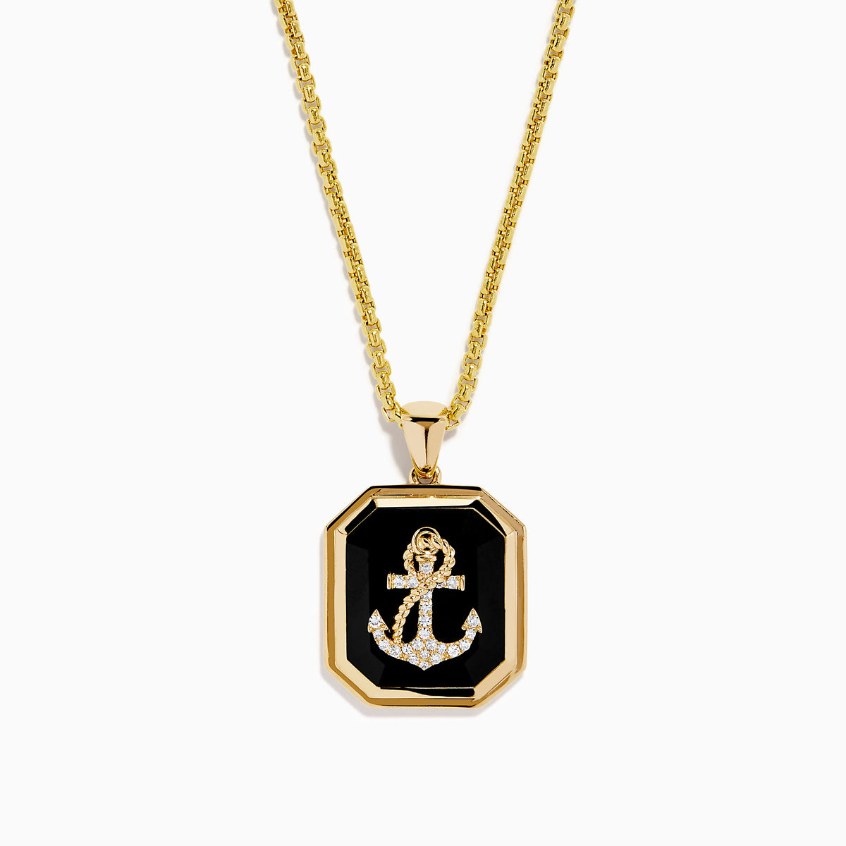 The Men's 14K Yellow Gold Onyx and Diamond Anchor Pendant features a rectangular onyx with a gold and diamond anchor in the center, beveled edges, and a medium-thickness 14K yellow gold chain.