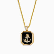 The Men's 14K Yellow Gold Onyx and Diamond Anchor Pendant features a rectangular onyx with a gold and diamond anchor in the center, beveled edges, and a medium-thickness 14K yellow gold chain.
