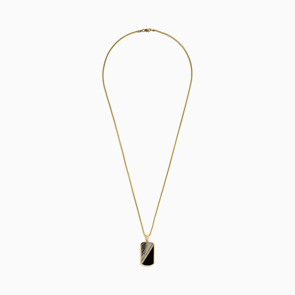 The Men's 14K Yellow Gold Onyx and Diamond Dog Tag Pendant features a rectangular design with diagonal gold and black onyx sections, separated by dazzling diamonds for a bold, modern look.