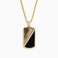 The Men's 14K Yellow Gold Onyx and Diamond Dog Tag Pendant features a rectangular design with diagonal gold and black onyx sections, separated by dazzling diamonds for a bold, modern look.