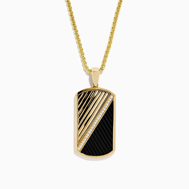 The Men's 14K Yellow Gold Onyx and Diamond Dog Tag Pendant features a rectangular design with diagonal gold and black onyx sections, separated by dazzling diamonds for a bold, modern look.