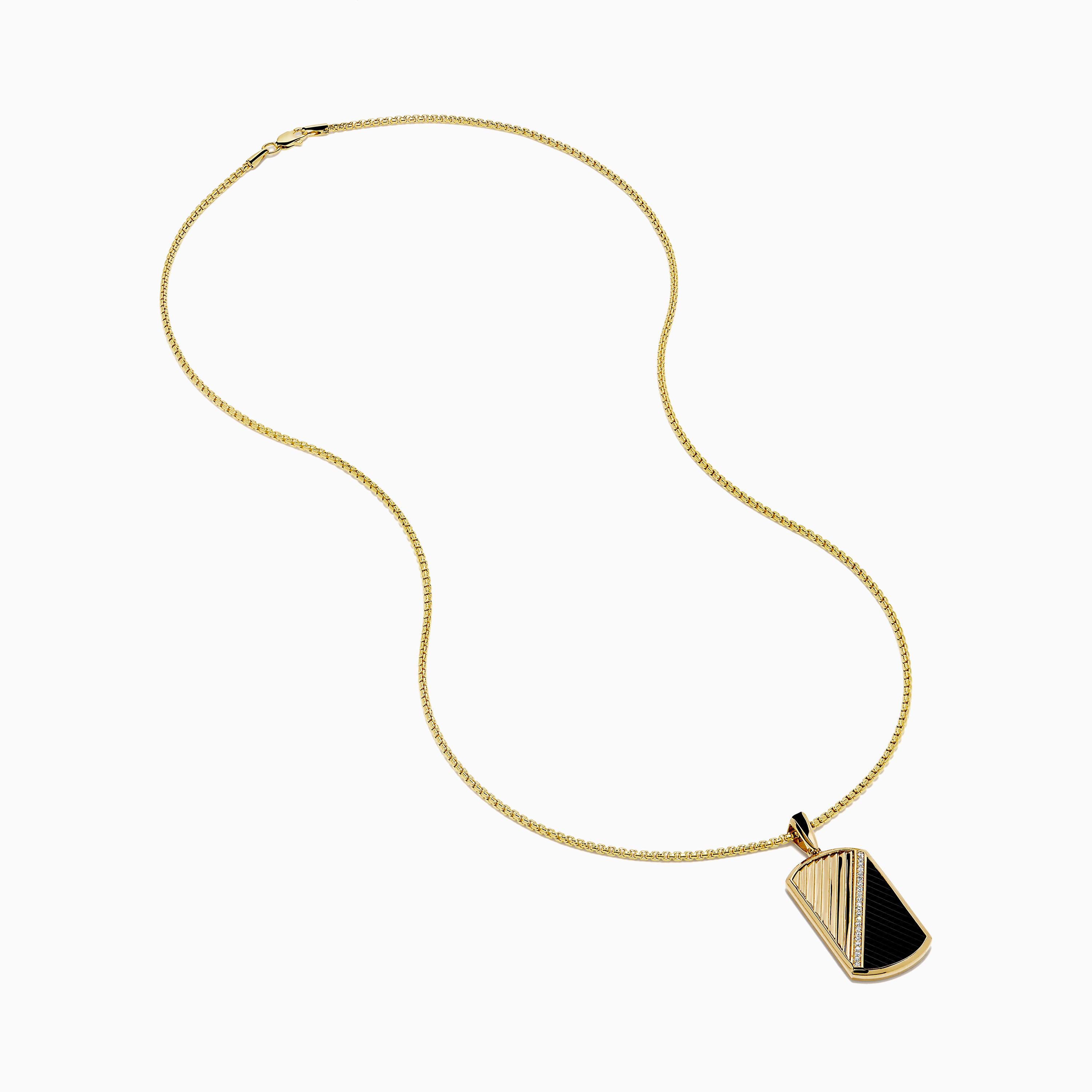 The Men's 14K Yellow Gold Onyx and Diamond Dog Tag Pendant features a rectangular design with diagonal gold and black onyx sections, separated by dazzling diamonds for a bold, modern look.