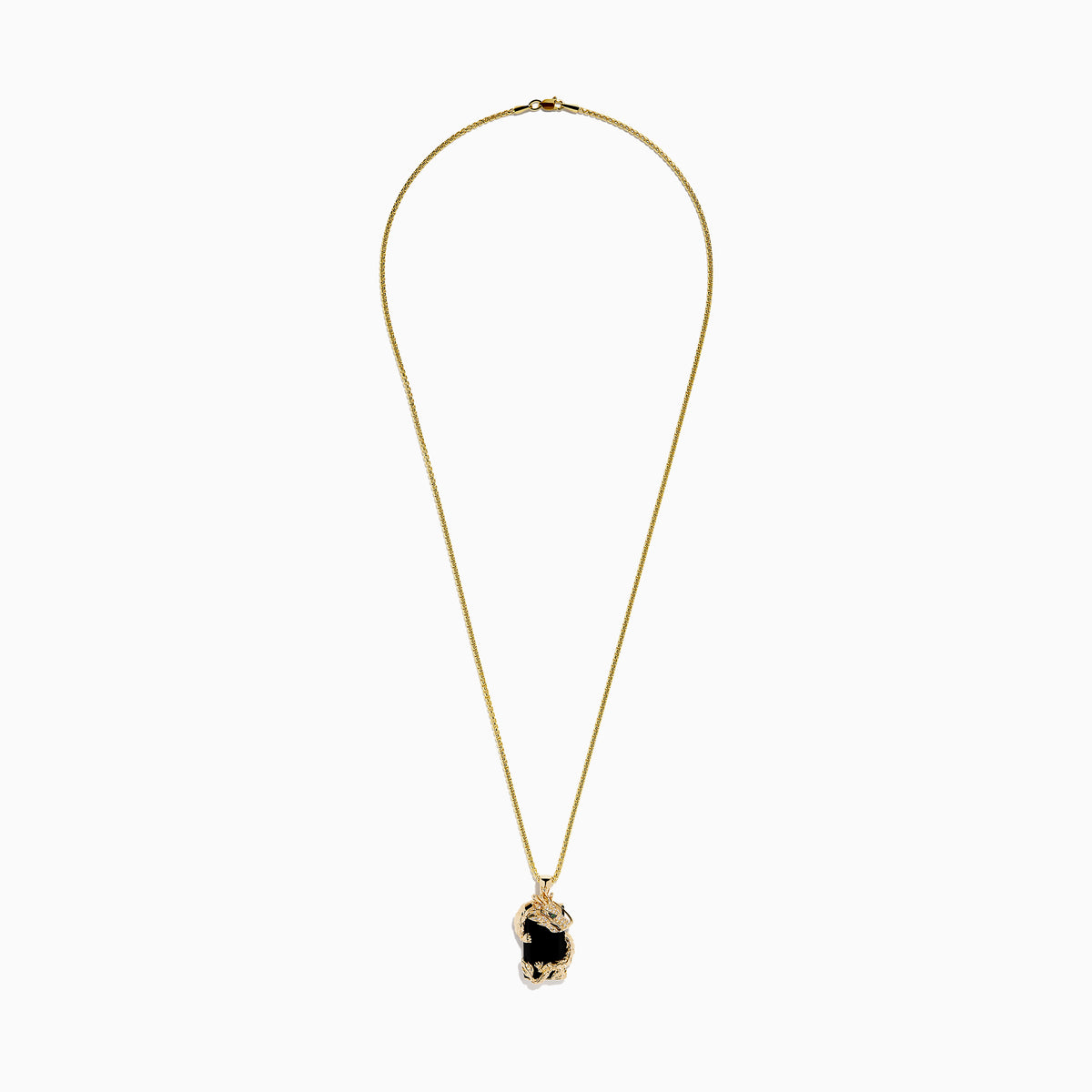The Men's 14K Yellow Gold Onyx and Diamond Dragon Dog Tag Pendant features a detailed gold dragon wrapped around an onyx and diamond-accented rectangular stone, with a sparkling clear-stone head and green gem eye.