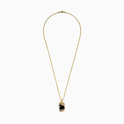 The Men's 14K Yellow Gold Onyx and Diamond Dragon Dog Tag Pendant features a detailed gold dragon wrapped around an onyx and diamond-accented rectangular stone, with a sparkling clear-stone head and green gem eye.