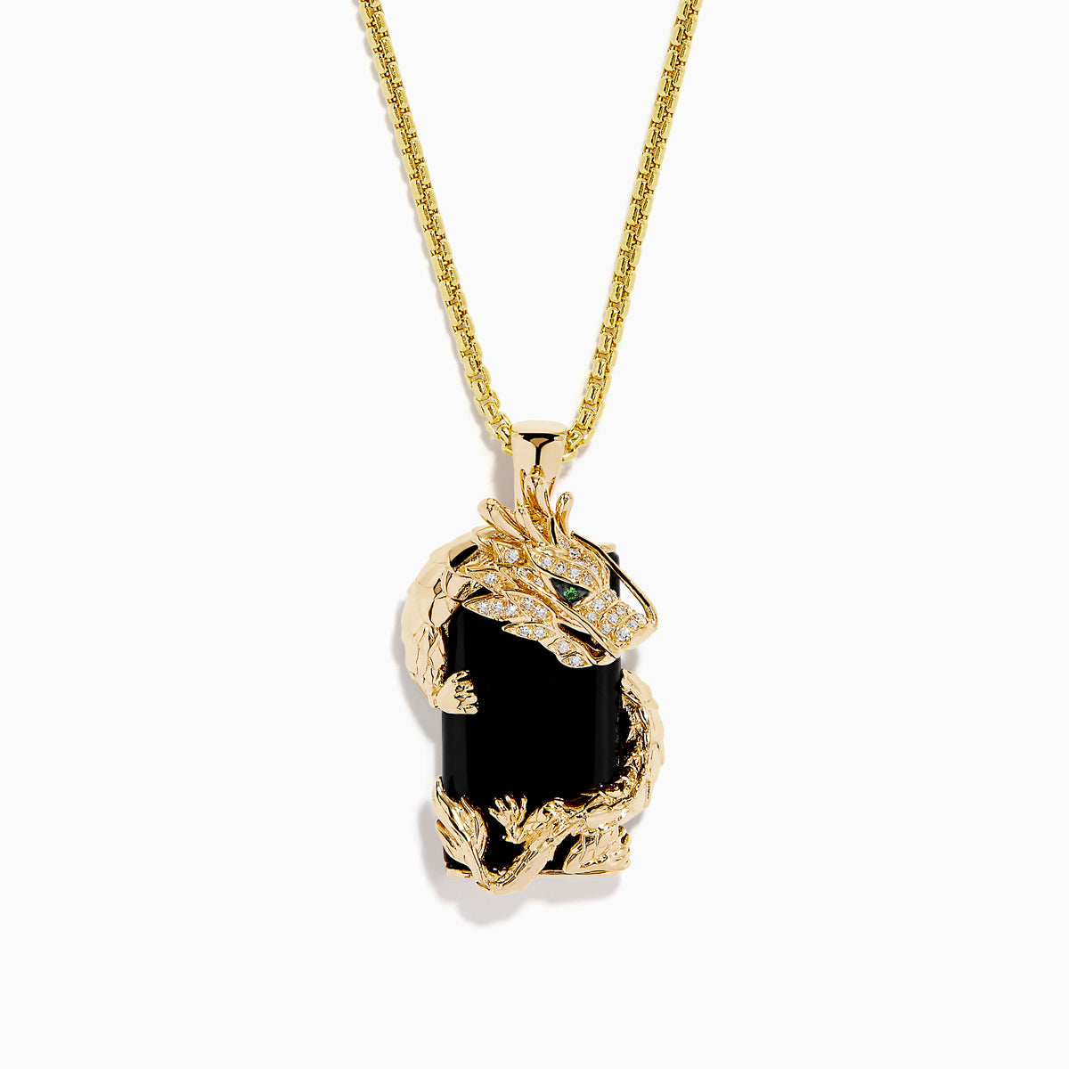 The Men's 14K Yellow Gold Onyx and Diamond Dragon Dog Tag Pendant features a detailed gold dragon wrapped around an onyx and diamond-accented rectangular stone, with a sparkling clear-stone head and green gem eye.