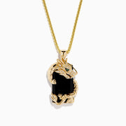 The Men's 14K Yellow Gold Onyx and Diamond Dragon Dog Tag Pendant features a detailed gold dragon wrapped around an onyx and diamond-accented rectangular stone, with a sparkling clear-stone head and green gem eye.