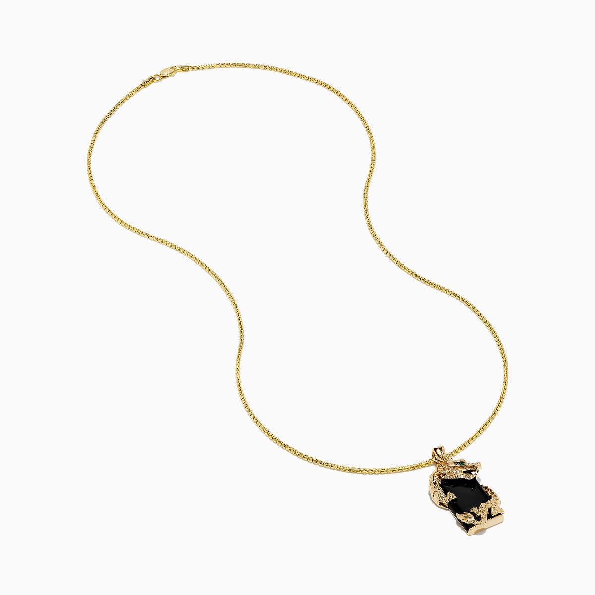 The Men's 14K Yellow Gold Onyx and Diamond Dragon Dog Tag Pendant features a detailed gold dragon wrapped around an onyx and diamond-accented rectangular stone, with a sparkling clear-stone head and green gem eye.