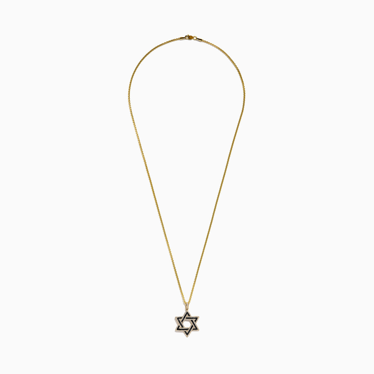 Men's 14K yellow gold Star of David pendant, detailed with black and white diamonds that highlight the iconic design.