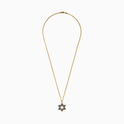 Men's 14K yellow gold Star of David pendant, detailed with black and white diamonds that highlight the iconic design.