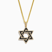 Men's 14K yellow gold Star of David pendant, detailed with black and white diamonds that highlight the iconic design.