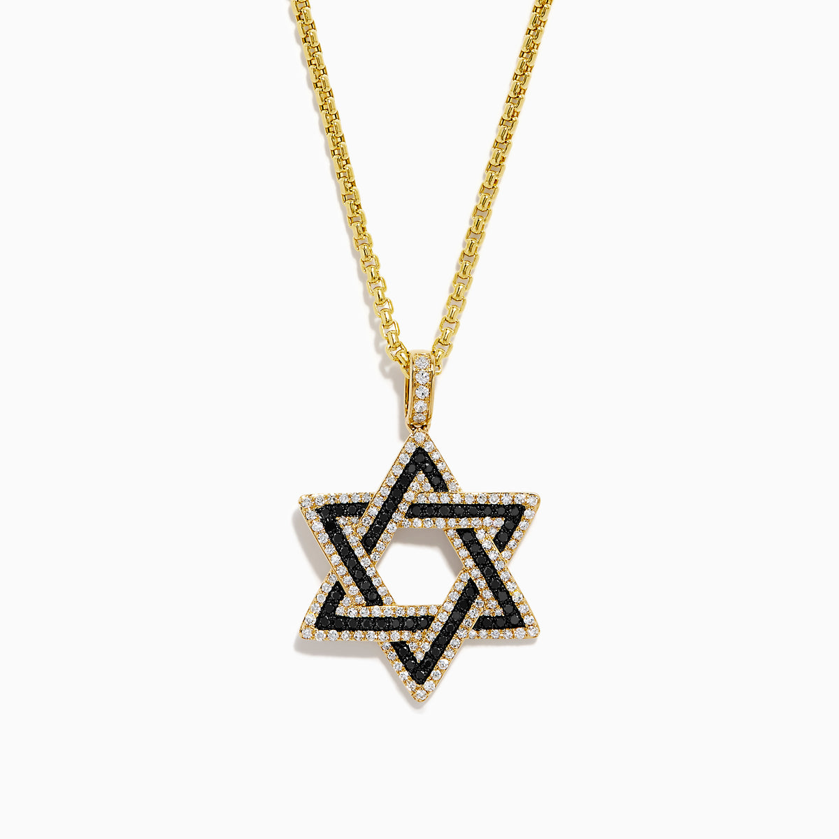 Men's 14K yellow gold Star of David pendant, detailed with black and white diamonds that highlight the iconic design.