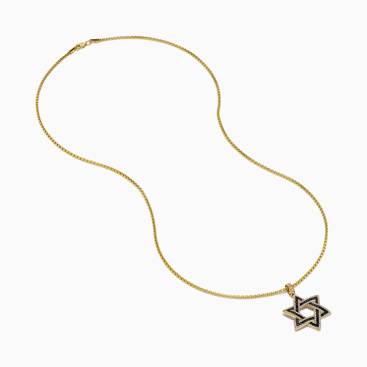 Men's 14K yellow gold Star of David pendant, detailed with black and white diamonds that highlight the iconic design.