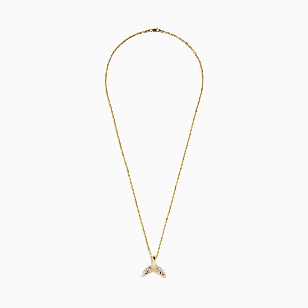 Men's 14K yellow gold diamond whales tail pendant with each fin accented by sparkling diamonds, shown on a white background.
