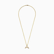 Men's 14K yellow gold diamond whales tail pendant with each fin accented by sparkling diamonds, shown on a white background.