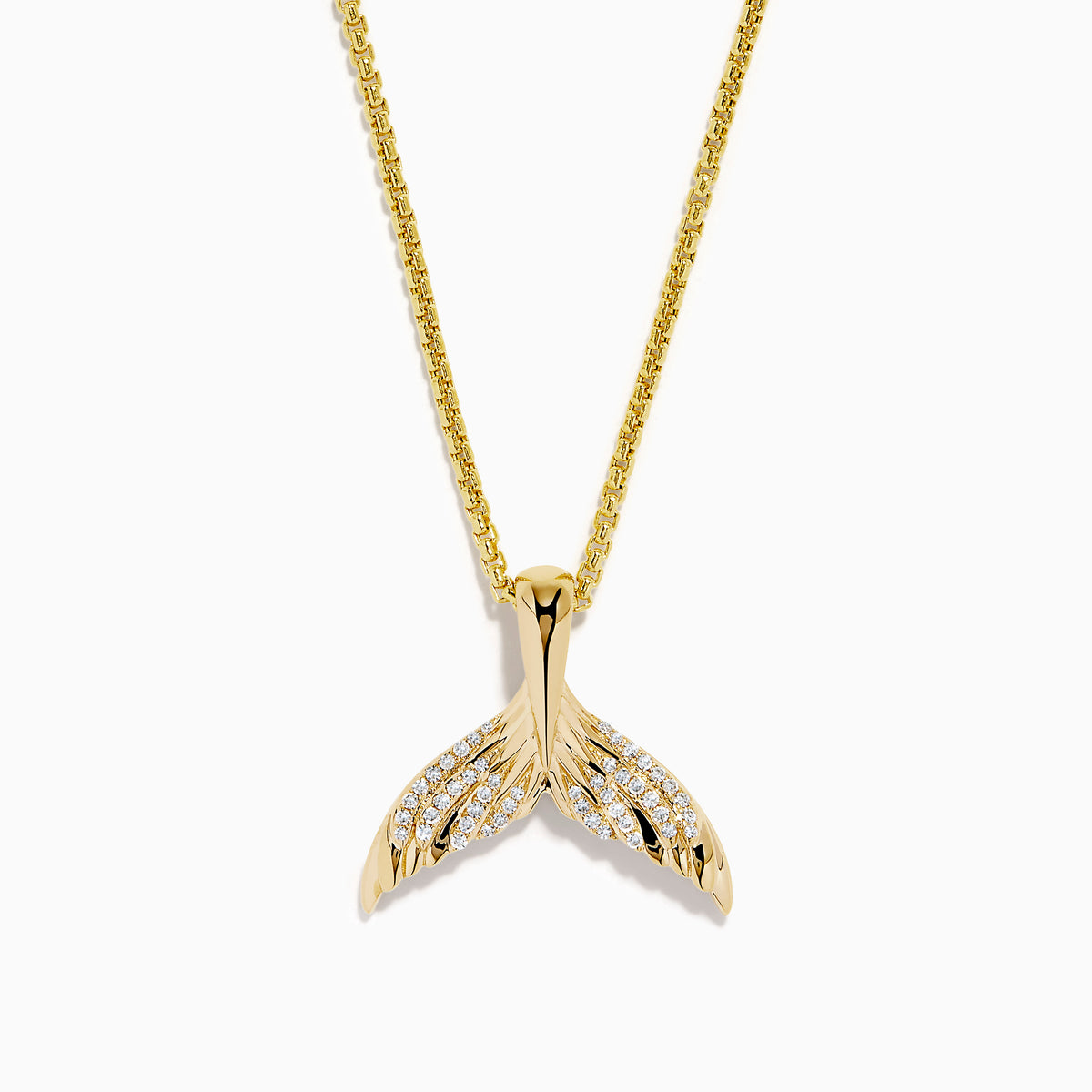 Men's 14K yellow gold diamond whales tail pendant with each fin accented by sparkling diamonds, shown on a white background.
