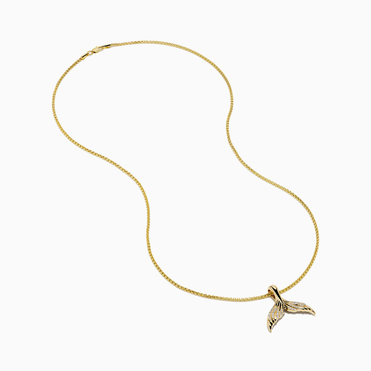 Men's 14K yellow gold diamond whales tail pendant with each fin accented by sparkling diamonds, shown on a white background.