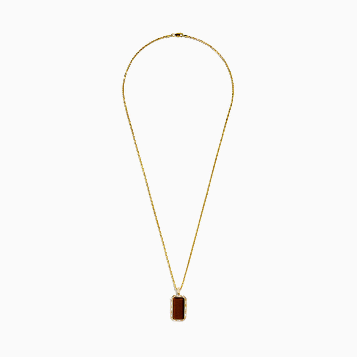 Men's 14K yellow gold dog tag pendant featuring a polished tiger eye center, accented with sparkling diamonds and a gleaming gold border.