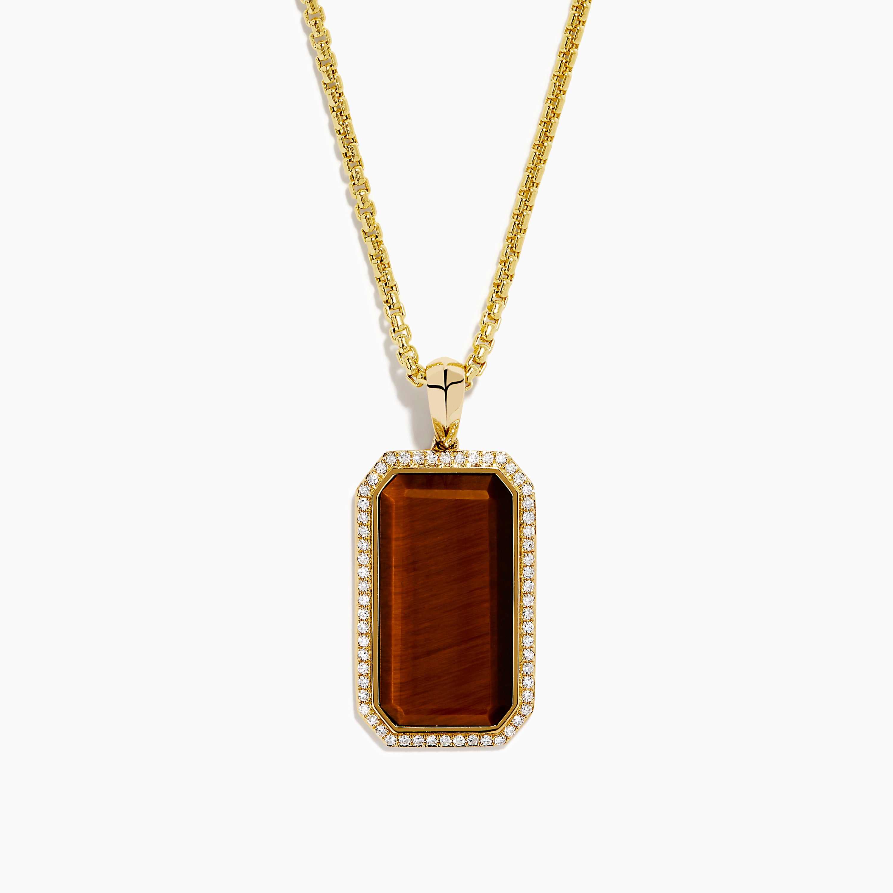 Men's 14K yellow gold dog tag pendant featuring a polished tiger eye center, accented with sparkling diamonds and a gleaming gold border.